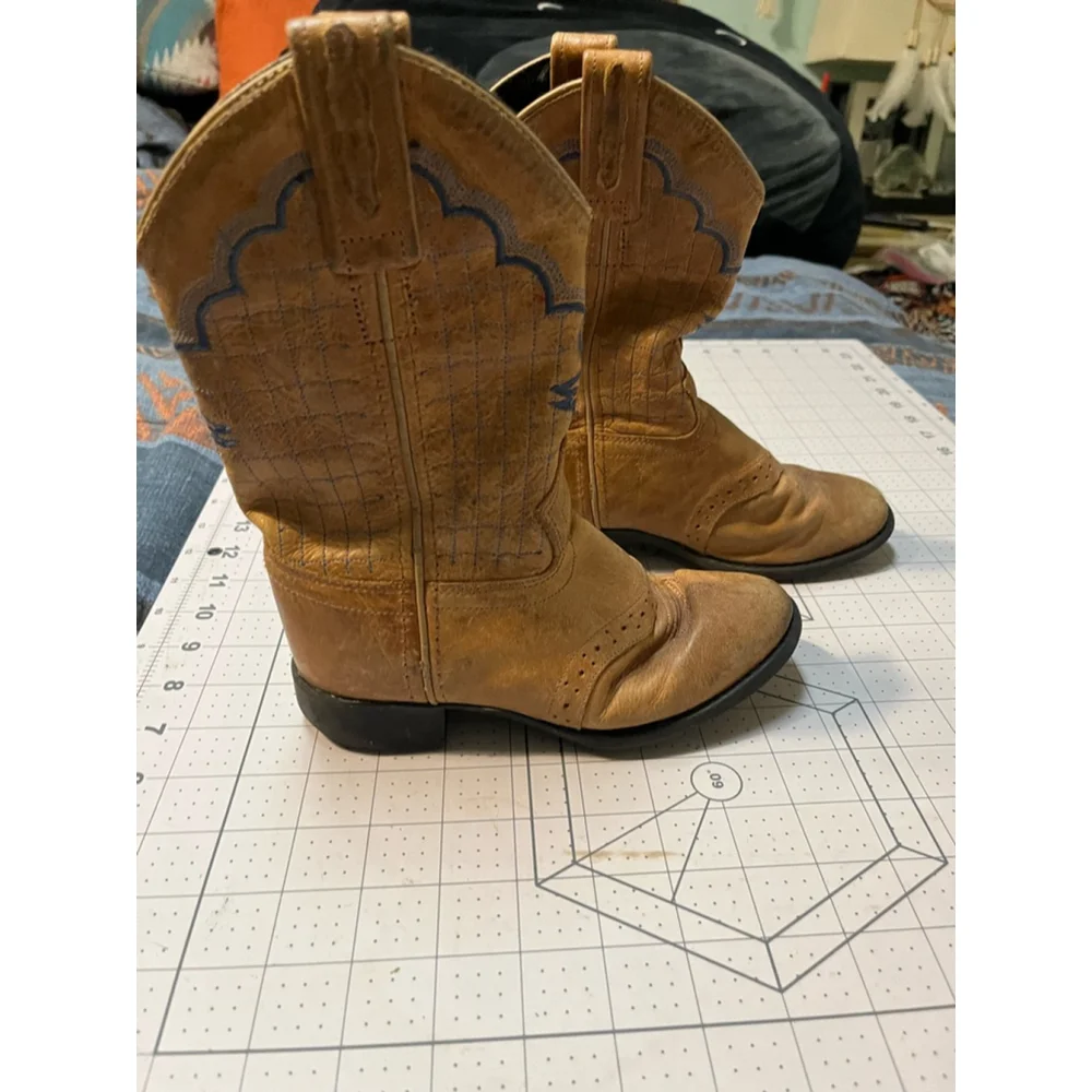 Kids Leather Cowboy Boots Size 11 Brown Blue